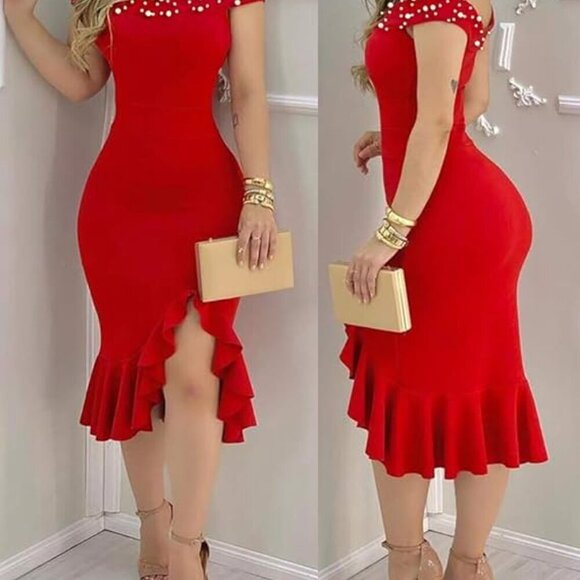 Women’s Off-Shoulder Ruffle Hem Midi Dress – Red Carpet Ready Size: Small – NWOT - Picture 4 of 6